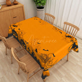 Aperturee - Aperturee Orange and Black Halloween Rectangle Tablecloth with Bats and Withered Trees for Spooky Forest Decor